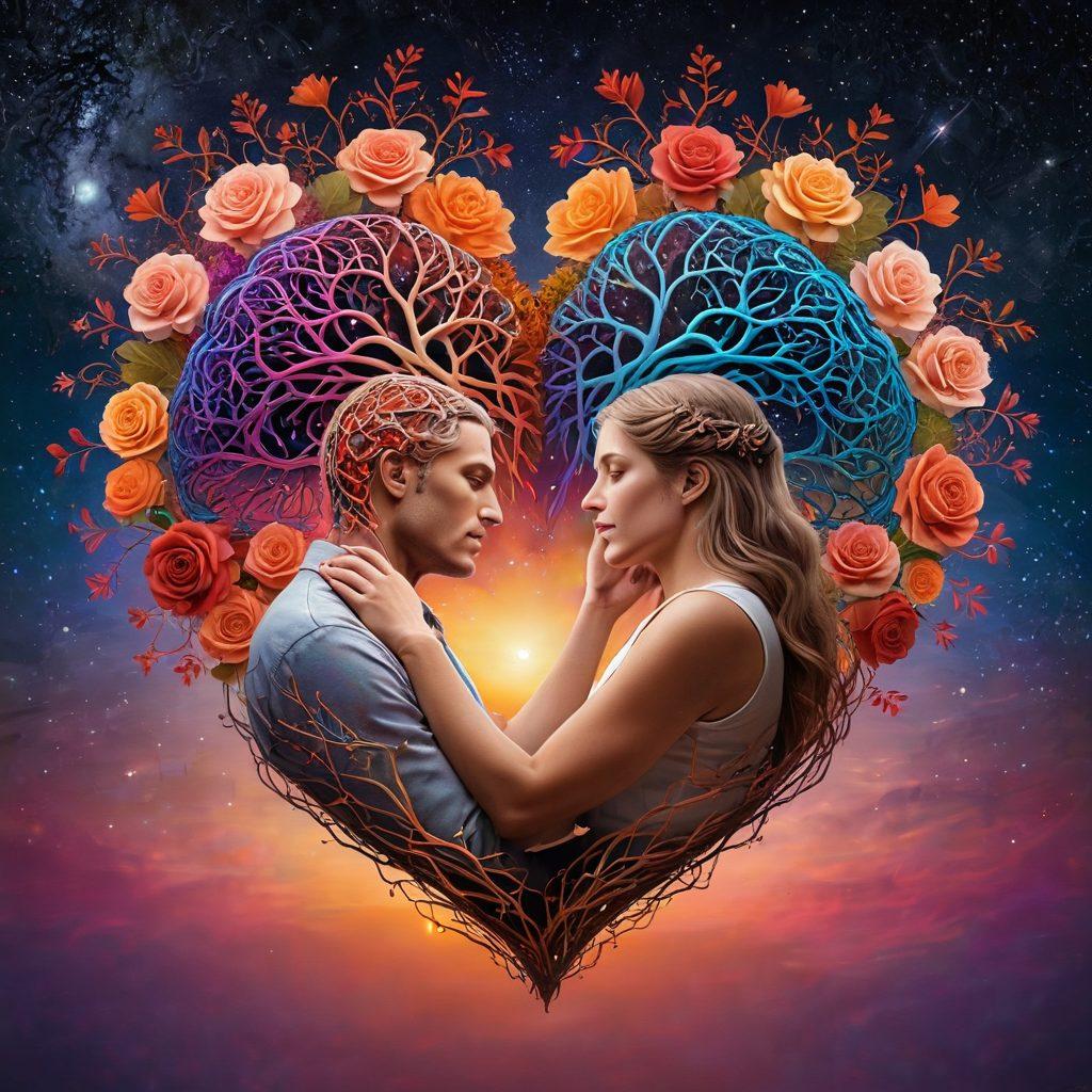 A heart-shaped brain symbolizing the intersection of love and intellect, surrounded by vibrant neural pathways, with a loving couple holding hands inside the heart. The background showcases an abstract blend of warm hues and romantic elements like roses and starry skies. super-realistic. vibrant colors.