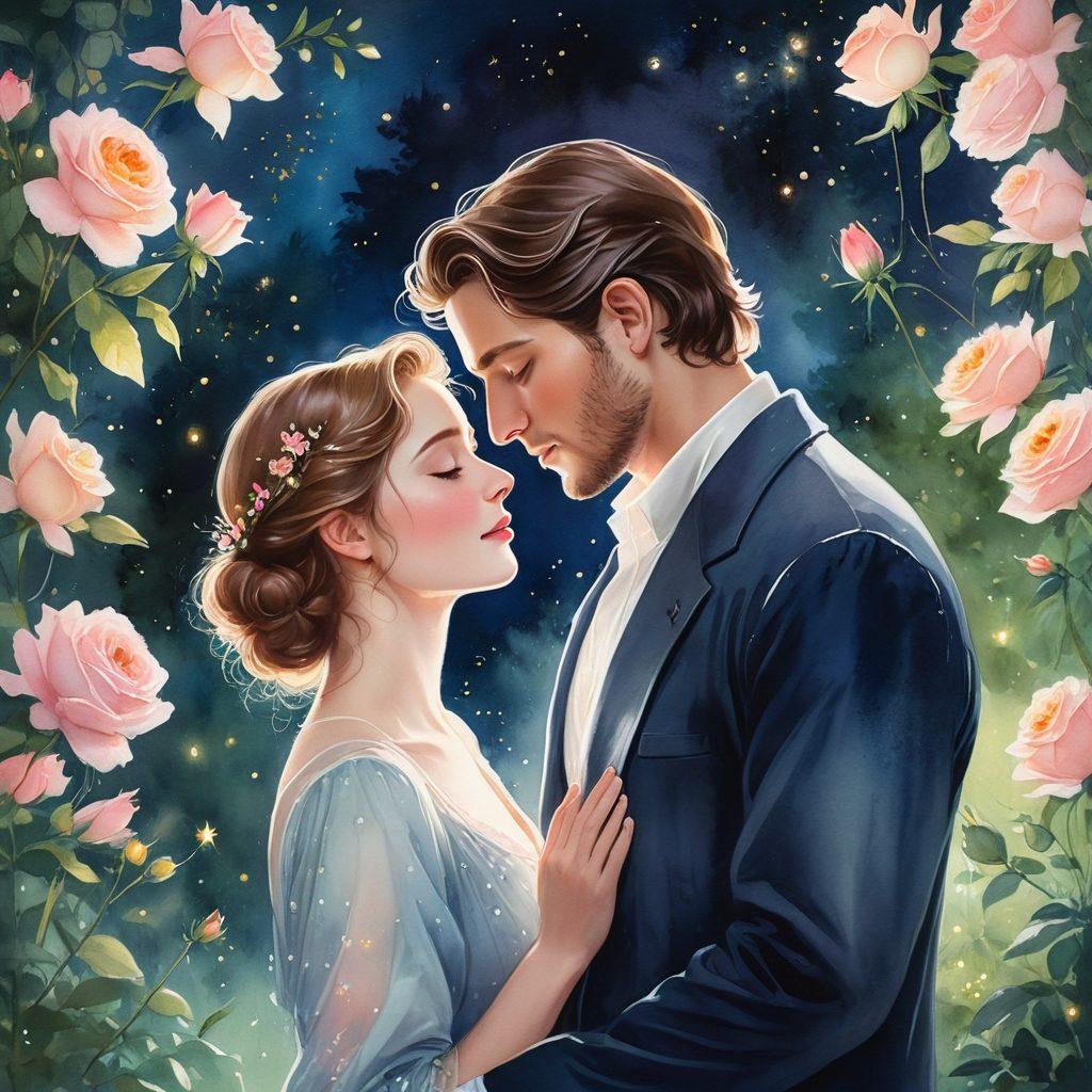 A serene, moonlit garden with an elegant couple entwined in a loving embrace, surrounded by blooming roses and fireflies. The couple shares a tender moment, their eyes locked, emitting a soft glow symbolizing their unbreakable bond. A dreamy watercolor style with soft, romantic hues, capturing the essence of timeless love and devotion. watercolor. soft colors. ethereal.