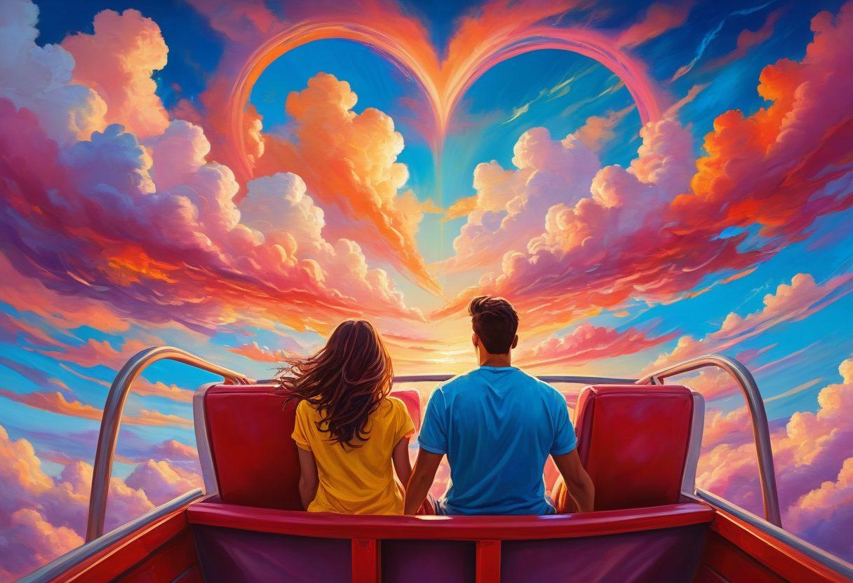 A couple riding an emotional roller coaster, holding hands tightly with expressions of joy and fear, surrounded by vibrant, swirling colors representing various emotions like love, passion, and anticipation. In the background, a vast sky filled with heart-shaped clouds. painting. vibrant colors.
